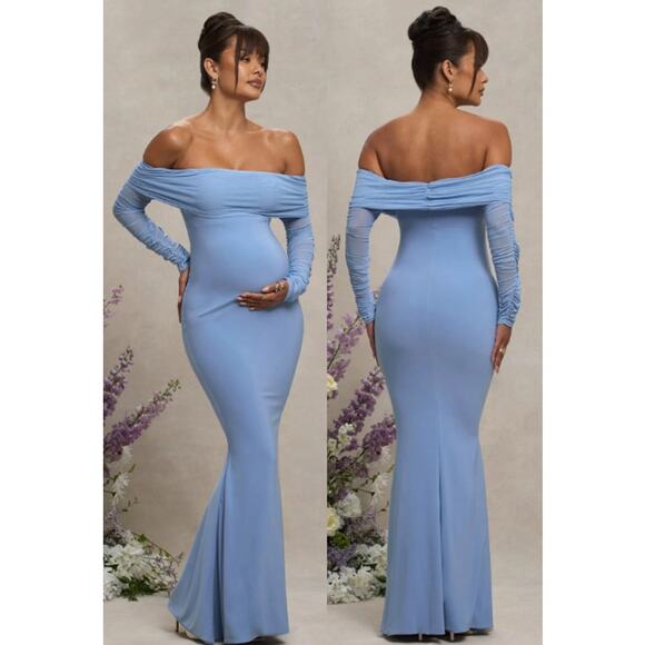 NWT Club London Pretty Perfect Maternity Ruched Bardot Maxi Dress Powder Blue 12 - Picture 1 of 6